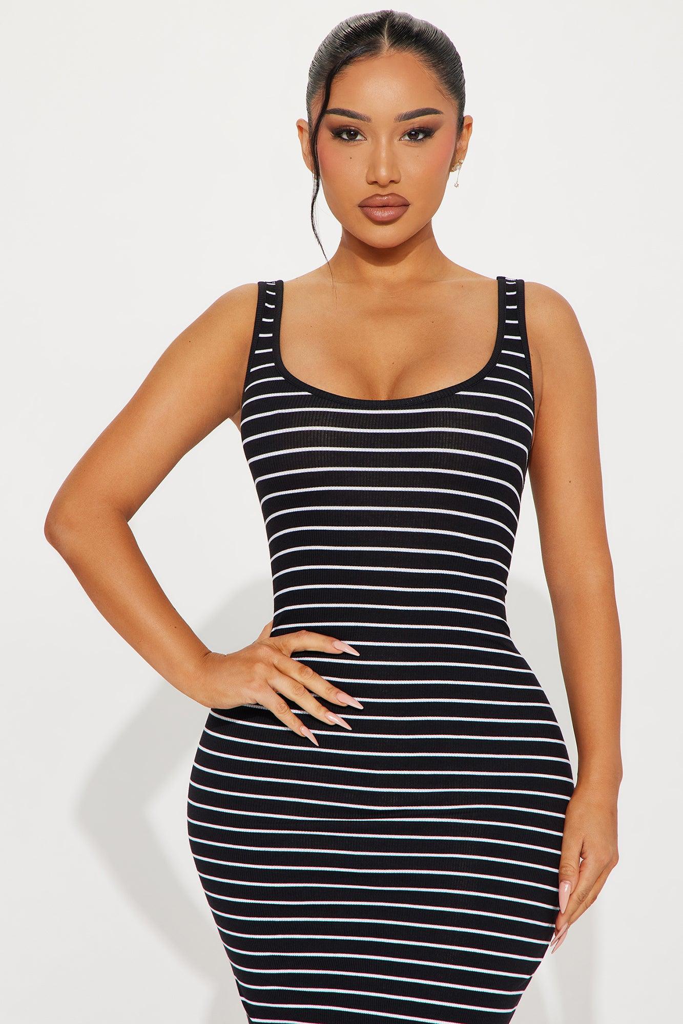 Ribbed Stripe Midi Dress - Black/White Product Image