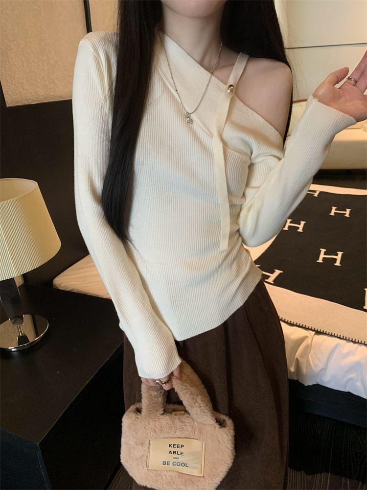 Long-Sleeve Asymmetrical Neck Cold-Shoulder Plain Ribbed Knit Top Product Image