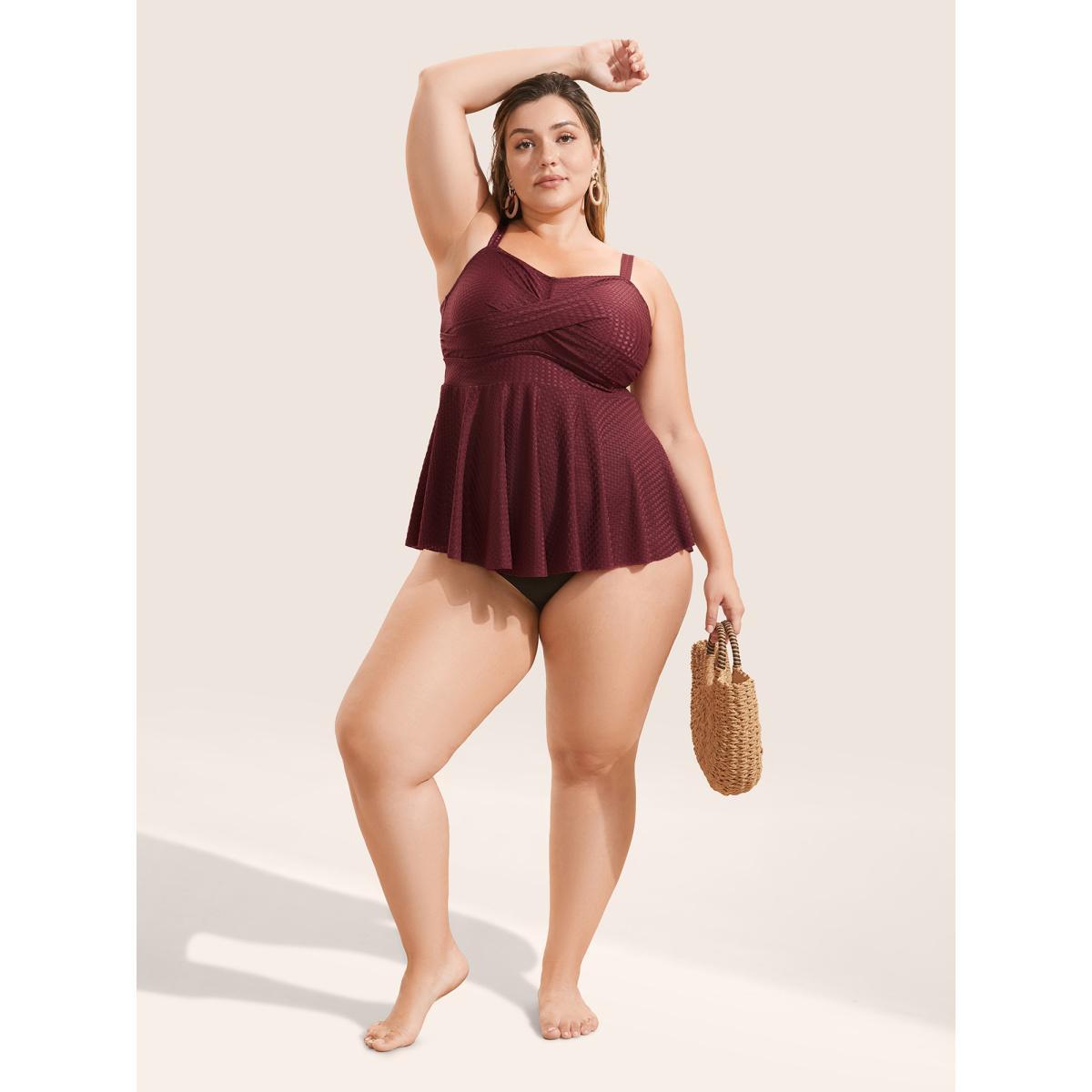 Plus Size Plisse Solid Crossover A Line Swim Top Women's Swimwear Burgundy Beach Pleated High stretch Bodycon Heart neckline Curve Swim Tops BloomChic 22-24/3X Product Image