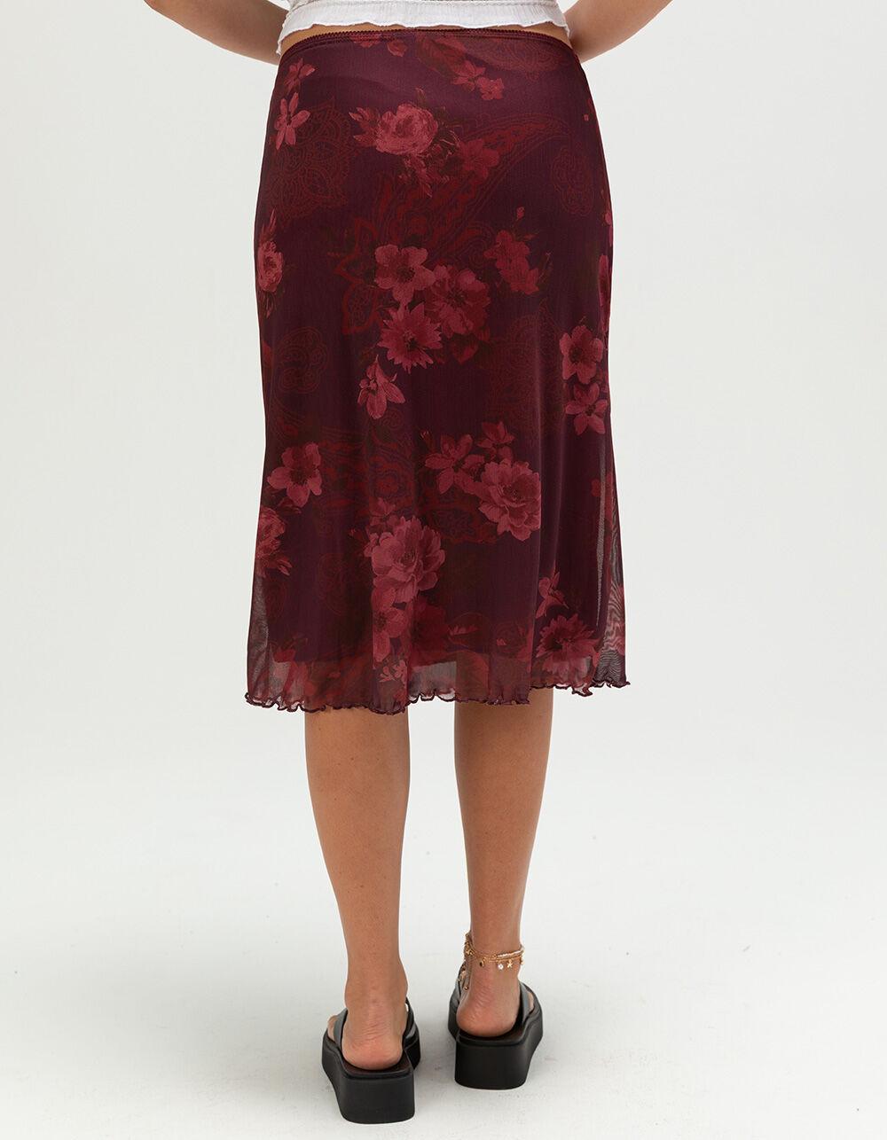 FULL TILT Low Rise Floral Womens Mesh Midi Skirt - BURGUNDY Product Image