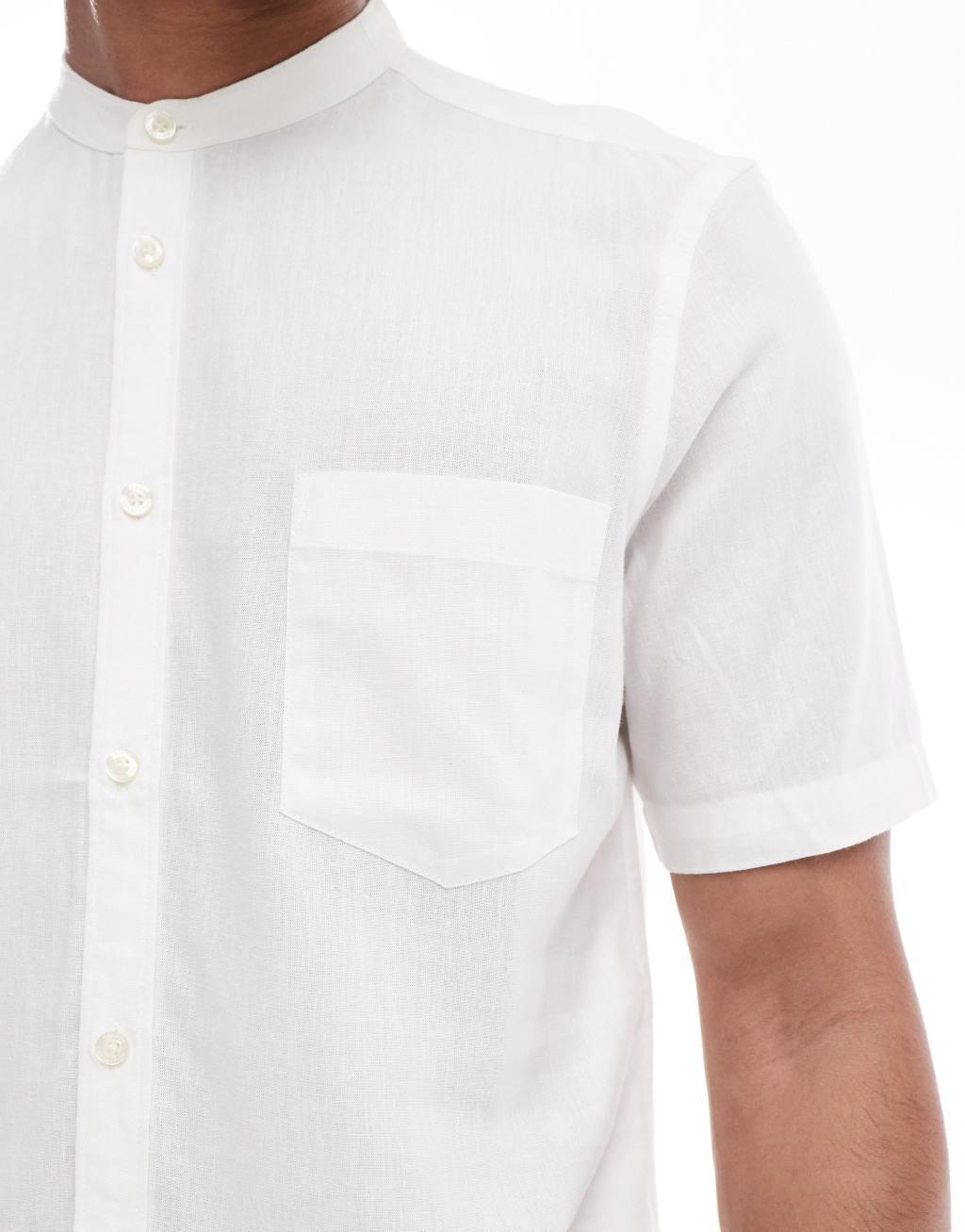 French Connection short sleeve grandad collar linen shirt in white Product Image