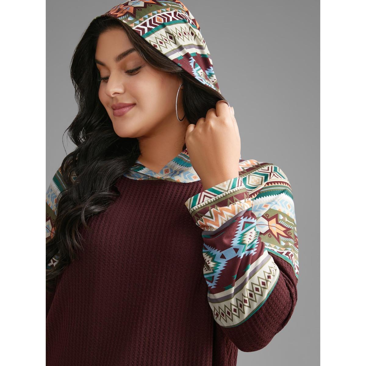 Plus Size Bandana Print Texture Patchwork Hooded T-shirt Plum Women Casual Texture Hooded Everyday T-shirts BloomChic 22-24/3X Product Image