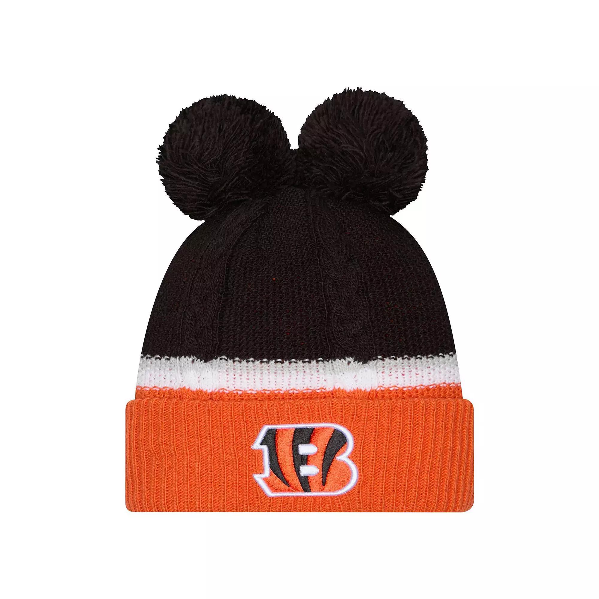 Womens New Era Cincinnati Bengals Double Bubble Cuffed Knit Hat with Poms Product Image