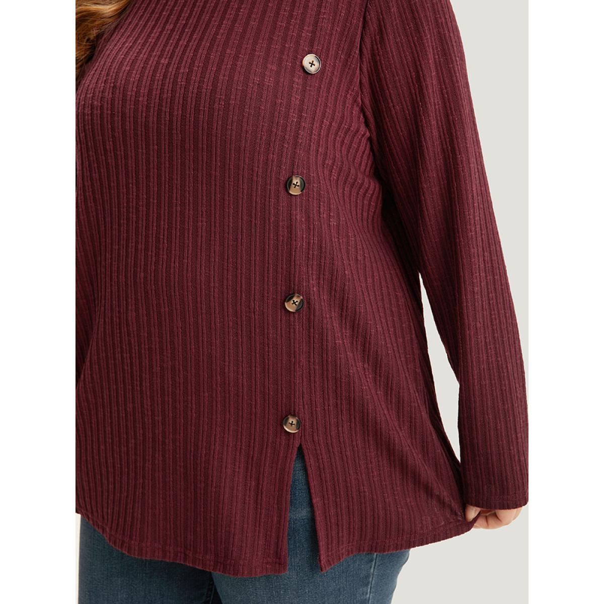 Plus Size Rib Knit Button Detail Split Side T-shirt Burgundy Women Casual Texture Plain Round Neck Dailywear T-shirts BloomChic 14-16/1X Product Image