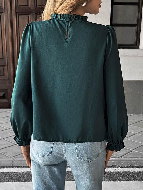 Long Sleeves Loose Elasticity Pleated Ruffle Trim Solid Color Mock Neck Blouses&Shirts Tops Product Image