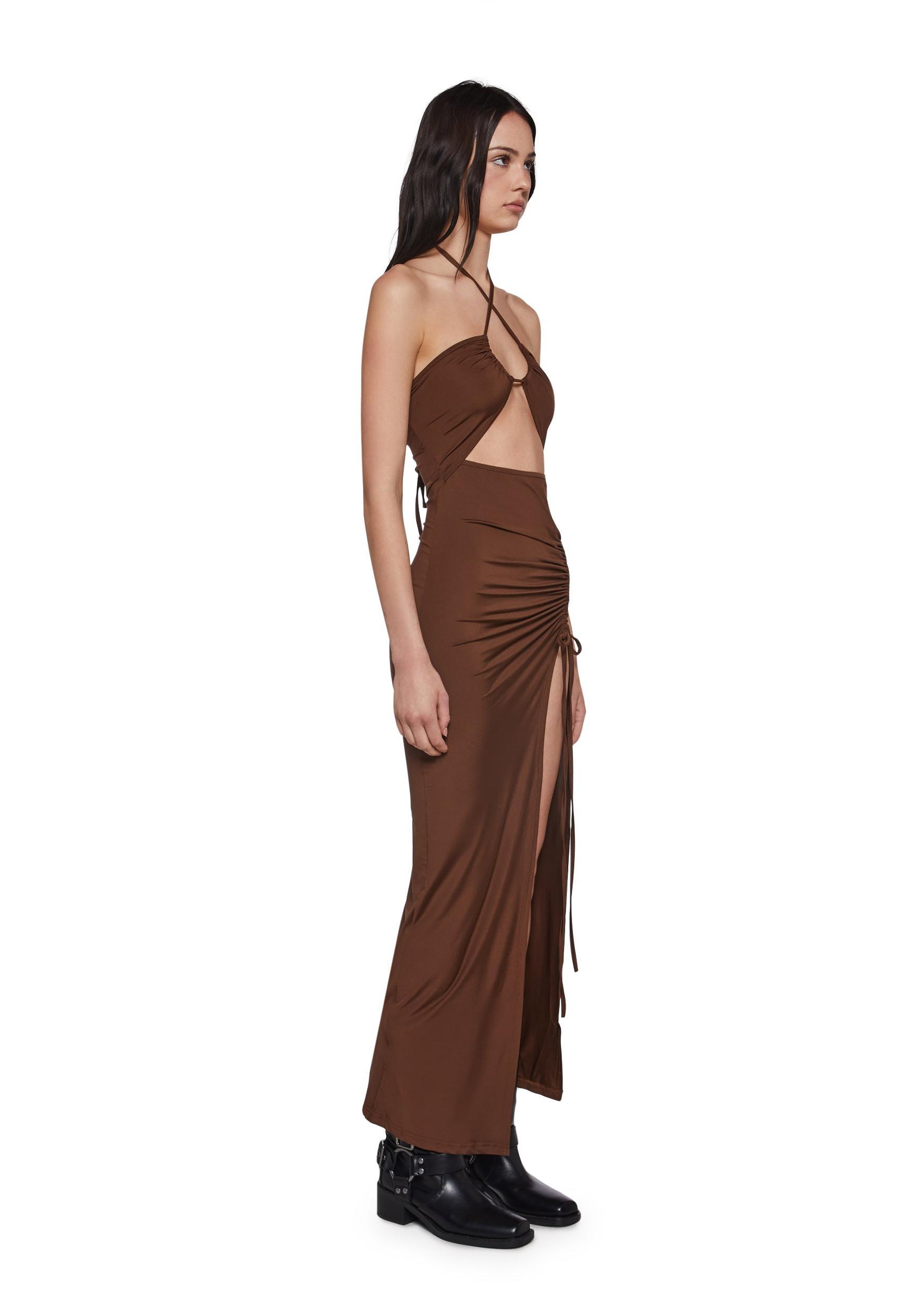 Womens Sexy Backless Maxi Dress - Brown Product Image