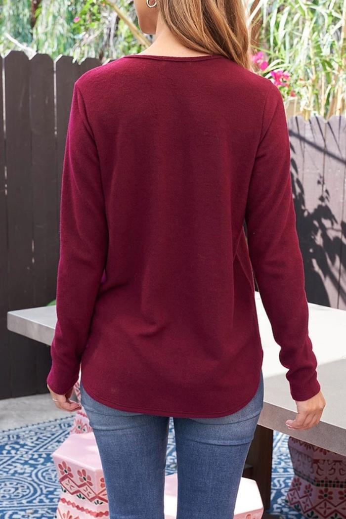 Button Detail Long Sleeve Round Hem Solid Top Product Image