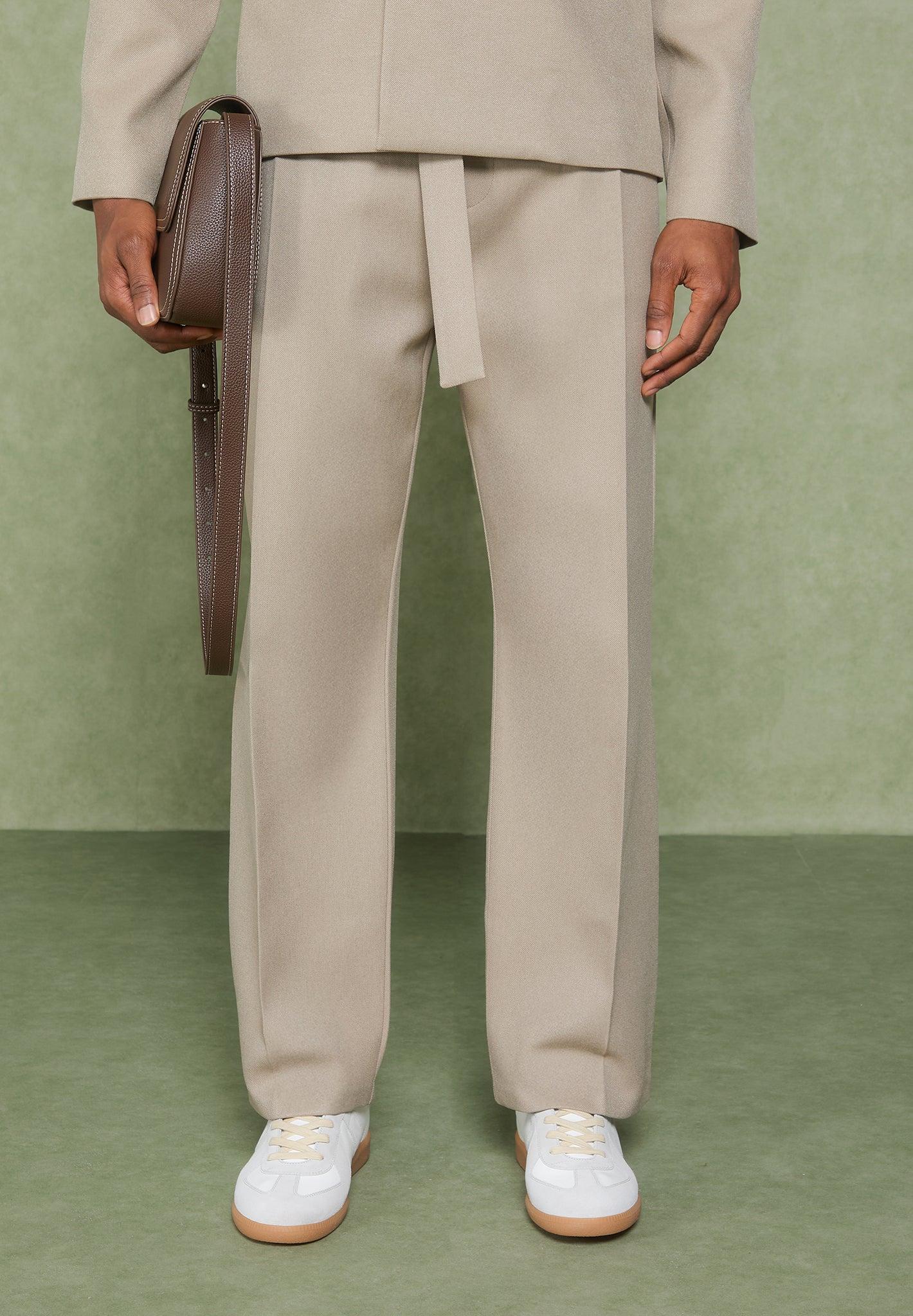 Relaxed Fit Textured Belted Tailored Trousers - Beige Male Product Image