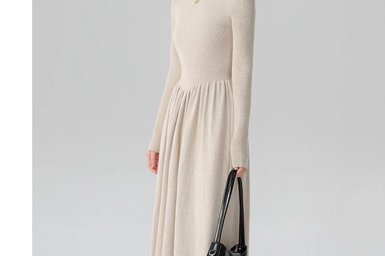 Long Sleeve Mock Neck Plain Gathered Ribbed Knit Midi A-Line Dress Product Image