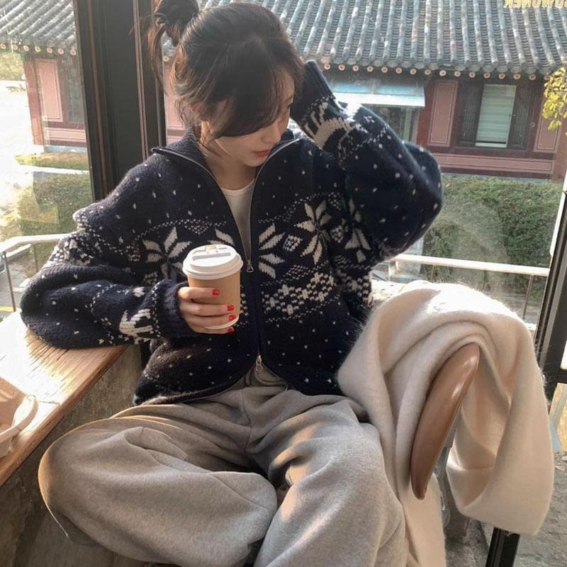Couple Matching Snowflake Print Zip Cardigan Product Image