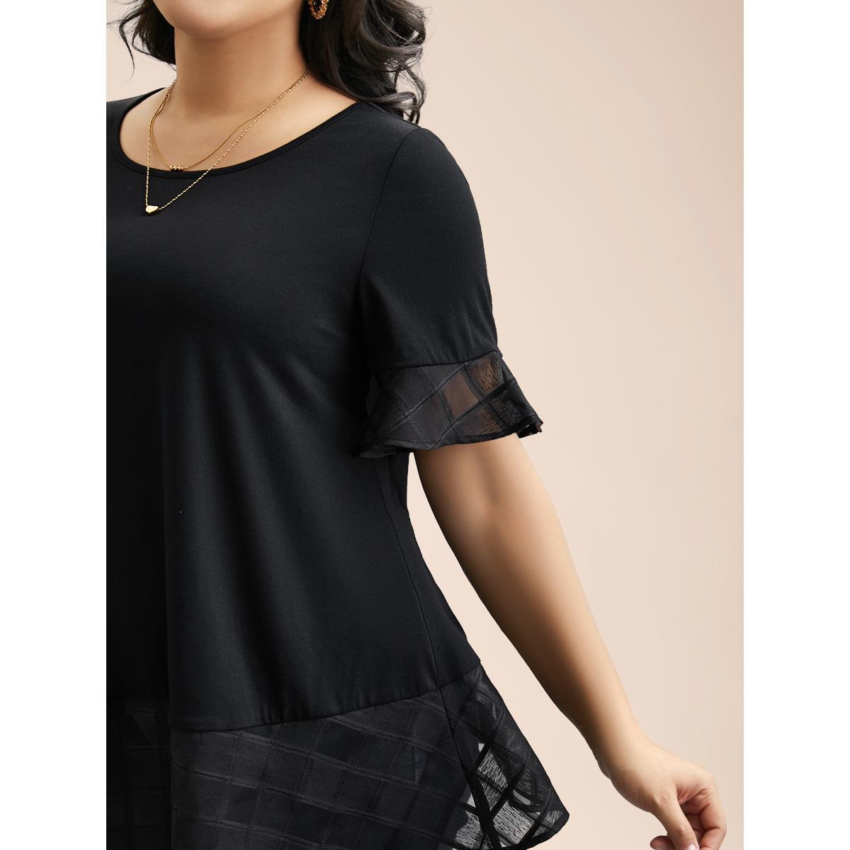 Plus Size Sheer Patchwork Ruffle Round Neck T-Shirt Black Women Elegant Patchwork Round Neck Everyday T-shirts BloomChic 22-24/3X Product Image