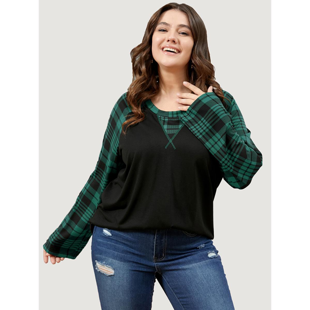 Plus Size Plaid Patchwork Bell Sleeve Long Tee DarkGreen Women Casual Contrast Plaid Round Neck Dailywear T-shirts BloomChic 22-24/3X Product Image