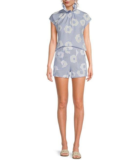 Trina Turk Sont Cassis Cotton Floral Print Mock Ruffle Neck Cap Sleeve Coordinating Top Product Image
