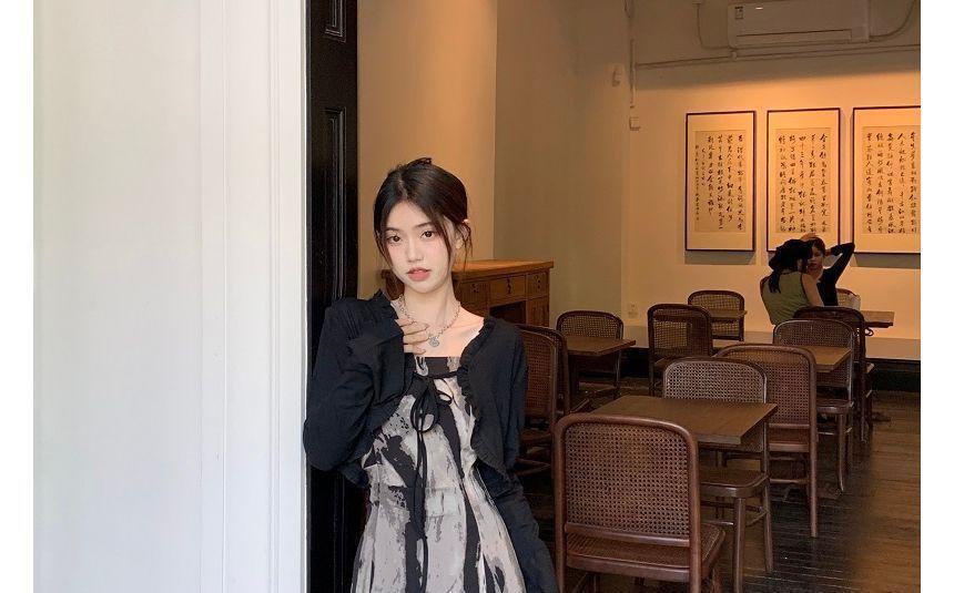 Spaghetti Strap Print Midi A-Line Dress / Open Front Light Jacket Product Image
