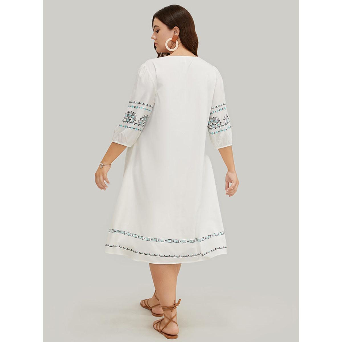 Plus Size Bandana Print Tassels Lantern Sleeve Pocket Midi Dress White Women Vacation Tassels Tie Neck Elbow-length sleeve Curvy Midi Dress BloomChic 30/6X Product Image