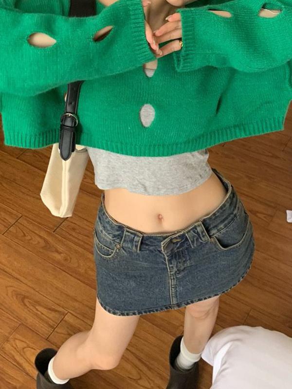 Solid Color Cutout Crop Long Sleeve Knit Product Image