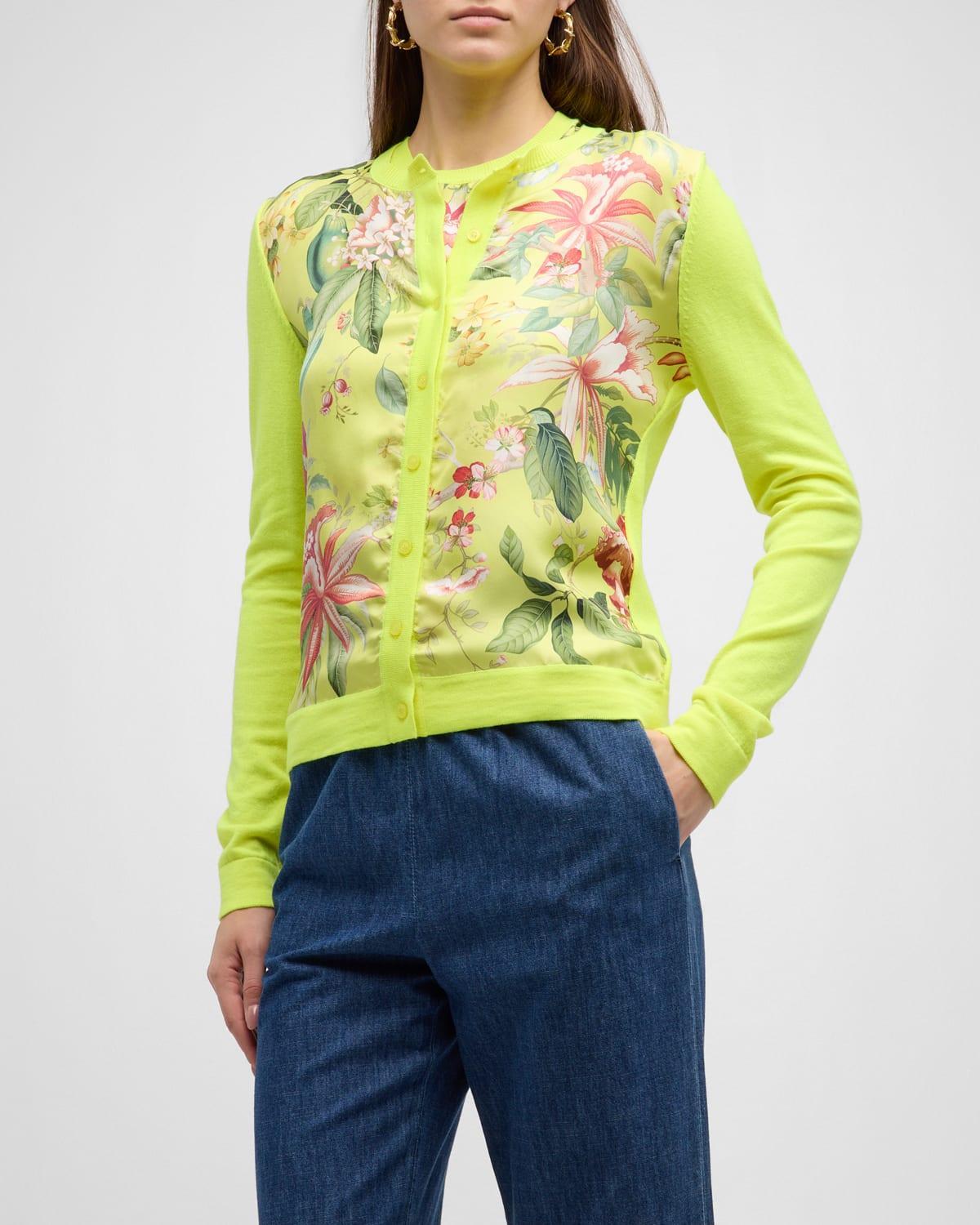 Floral And Fauna Satin Inset Crewneck Cardigan Product Image