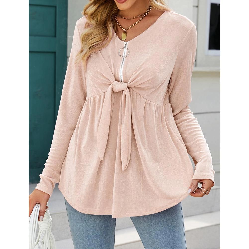 Women's V Neck Blouse Half Zip up Casual Tunic Shirts Babydoll Chest Tie Knot Shirts Ruched Flowy Hem Tunic Tops Product Image