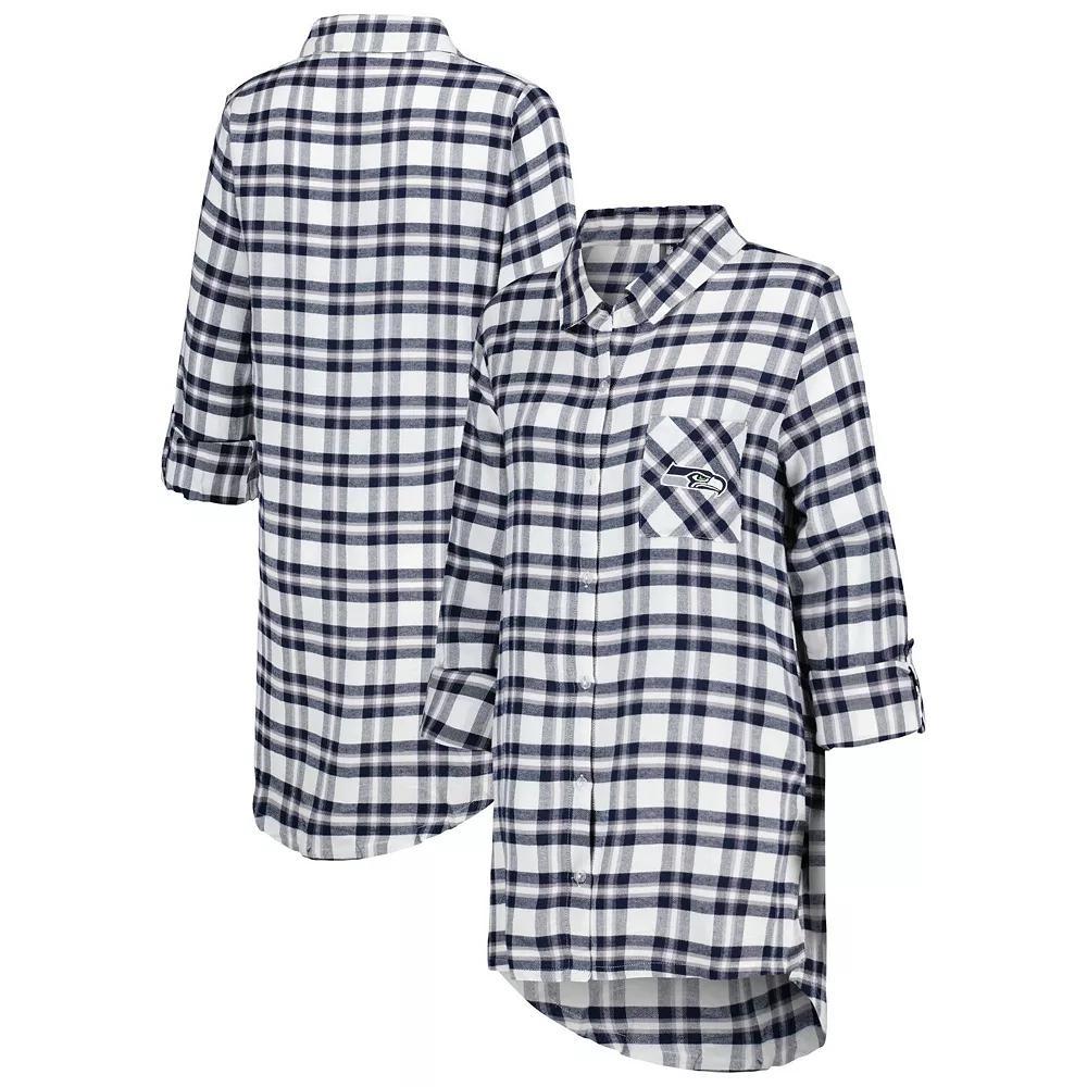 Women's Concepts Sport College Navy Seattle Seahawks Sienna Plaid Full-Button Long Sleeve Nightshirt, Size: Large, Blue Product Image
