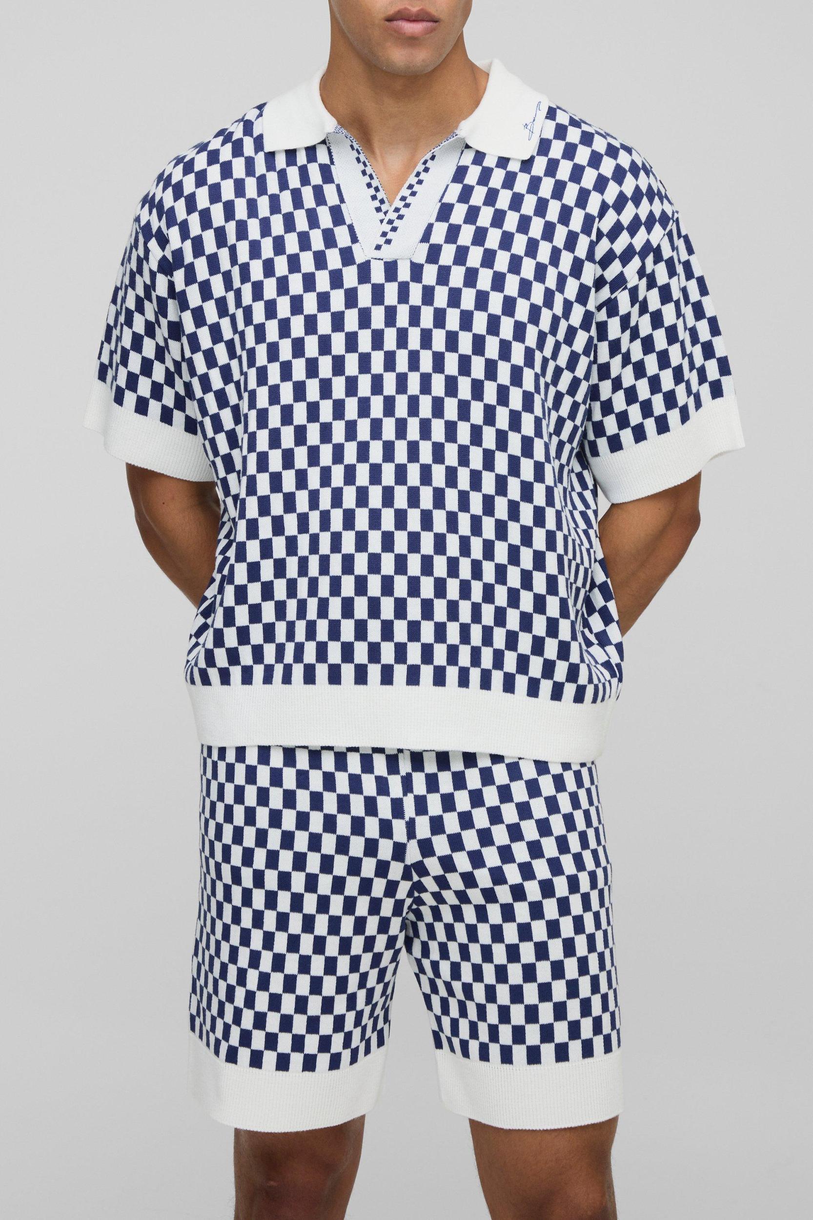 MAN Oversized Boxy Jacquard Plaid Knitted Polo & Relaxed Short Set | boohooMAN USA Product Image