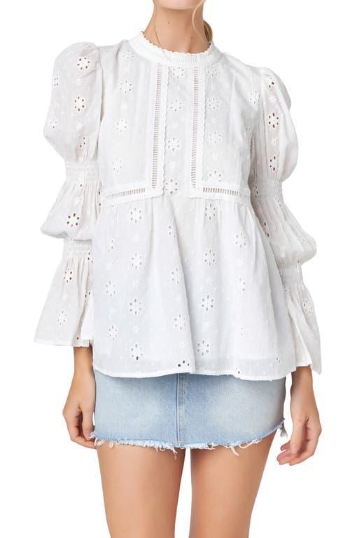 English Factory Embroidered Swiss Dot Ruched Sleeve Top Women's Clothing Product Image