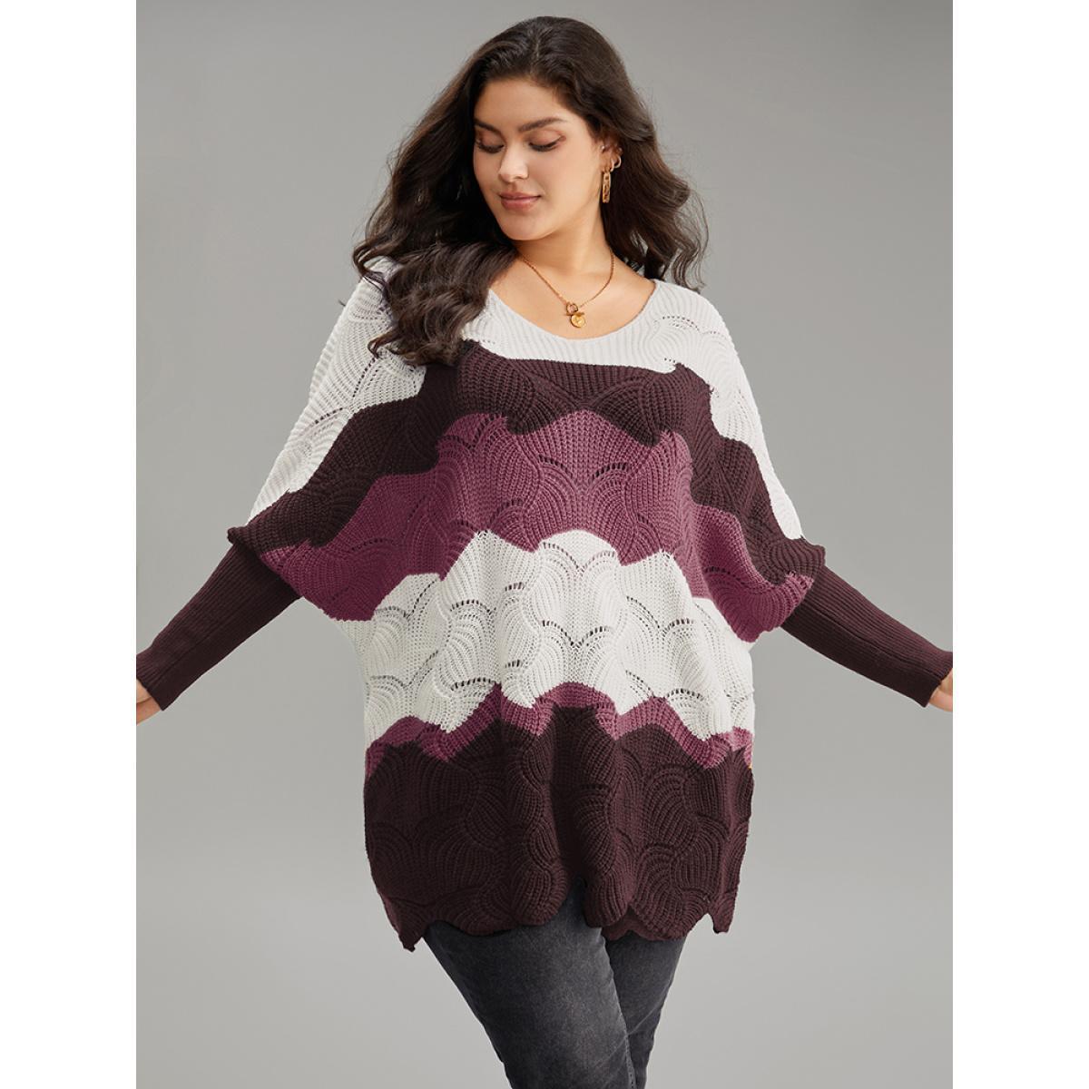 Plus Size Contrast Cut Out Batwing Sleeve Pullover RedViolet Women Casual Loose Long Sleeve V-neck Everyday Pullovers BloomChic 14-16/1X Product Image
