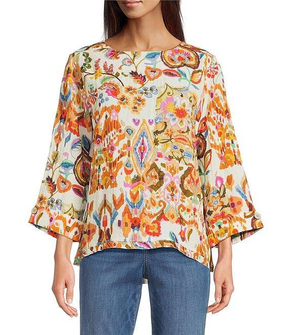 Tru Luxe Jeans Abstract Floral Crinkle Boat Neck 3/4 Sleeve Top Product Image