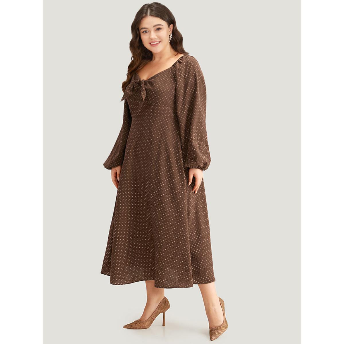 Plus Size Polka Dot Knot Neck Lantern Sleeve Dress DarkBrown Women Elegant Elastic cuffs Tie Neck Long Sleeve Curvy Midi Dress BloomChic 30/6X Product Image