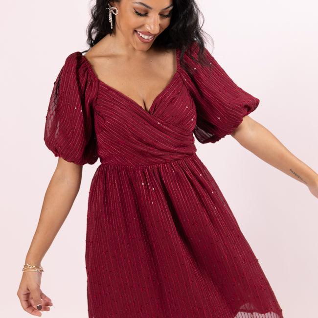 Get Figgy With It Wine Textured Surplice Neckline Holiday Dress FINAL SALE Product Image