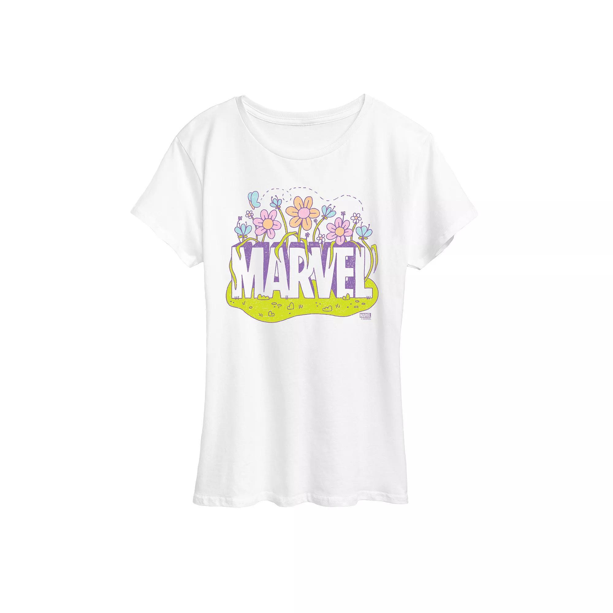 Womens Marvel Logo Flowers Graphic Tee Product Image