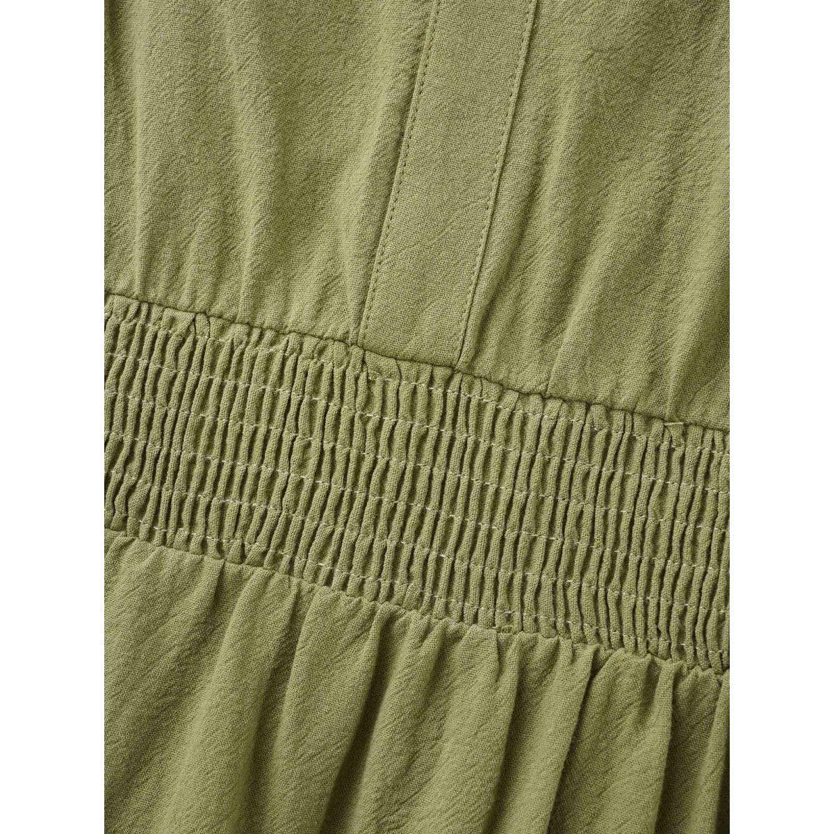 Plus Size Notched Shirred Ruffle Layered Hem Dress Olive Women Elegant Shirred Flat collar with V-notch Short sleeve Curvy BloomChic 18-20/2X Product Image