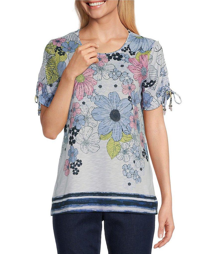Allison Daley Daisy Cascade Border Print Short Ruched Tie Sleeve Crew Neck Knit Top Product Image