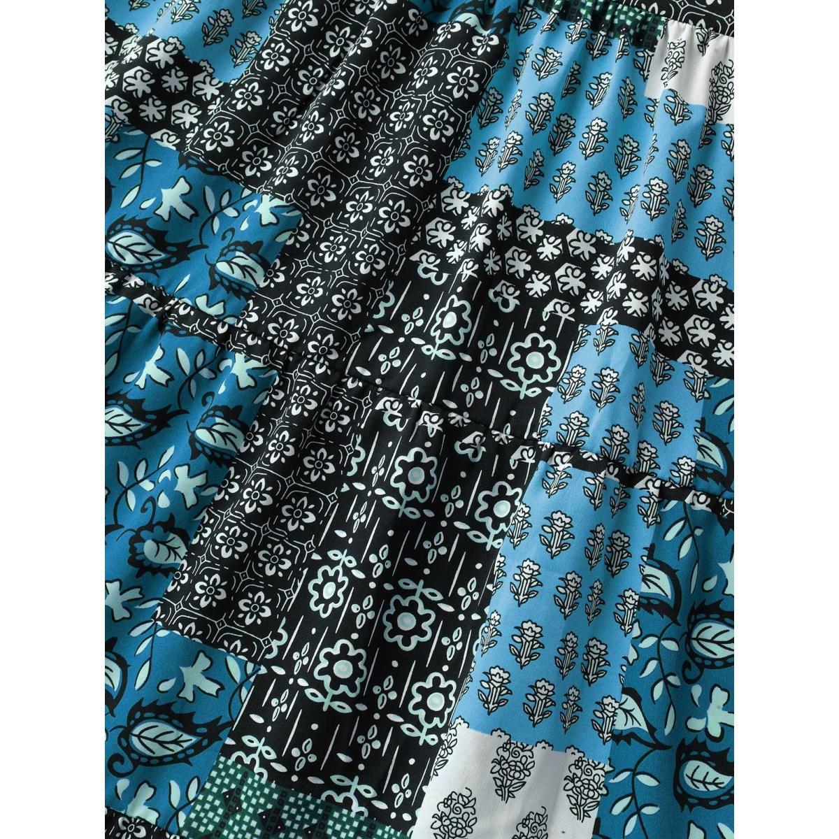 Plus Size Boho Floral Collage Stretchy Waist Midi Dress Multicolor Women Tie knot Non Sleeveless Curvy BloomChic 12/L Product Image