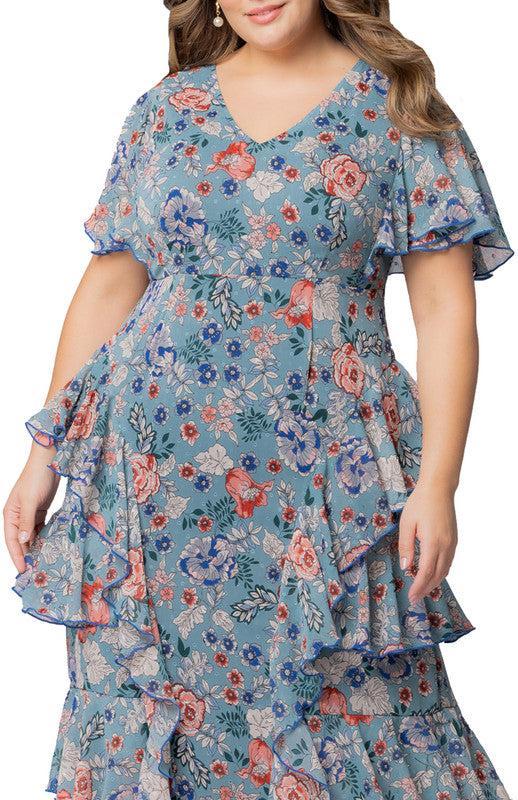 Blue Garden Print Tour de Flounce Chiffon Gown - Plus Product Image