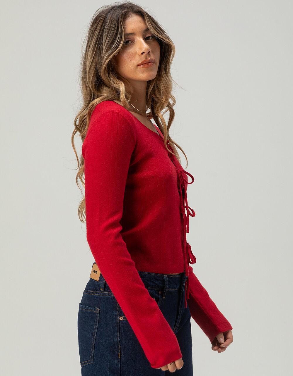 FULL TILT 3 Tie Front Womens Pointelle Cardigan - BLACK Product Image