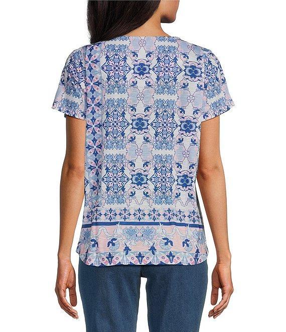 Allison Daley Pink Folk Tile Print Short Sleeve Keyhole Neck Knit Top Product Image