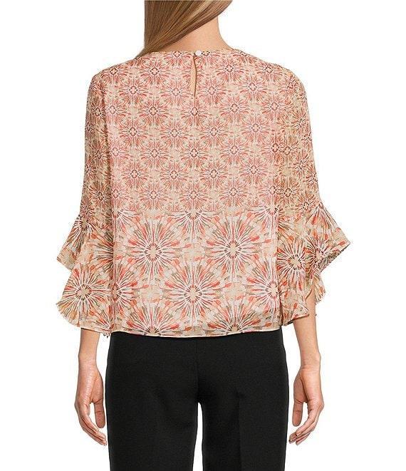 Kasper Petite Size Chiffon Boat Neck Ruffle 3/4 Sleeve Blouse Product Image