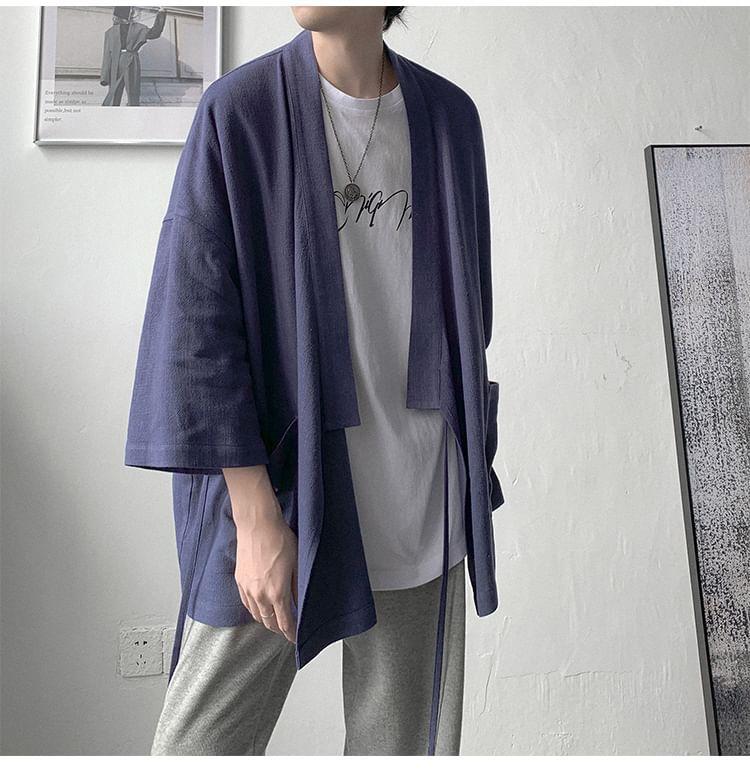 3/4-Sleeve Plain Open Front Kimono Jacket Product Image