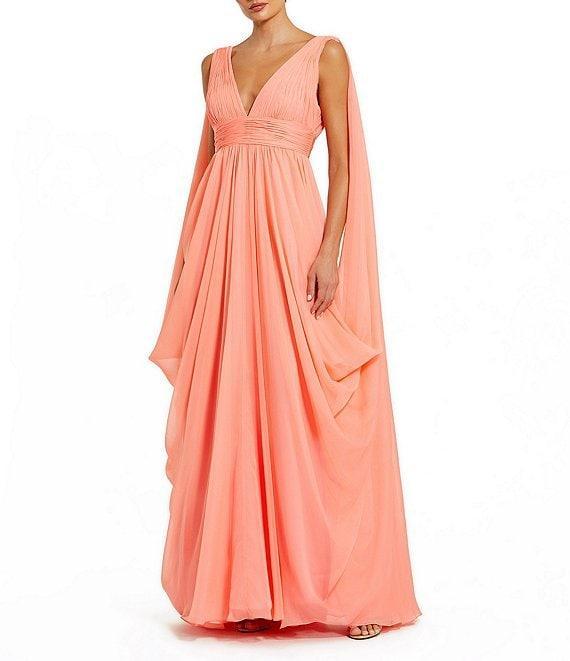 Mac Duggal Sleeveless Shirred Bodice V-Neck Drape Shoulder Chiffon A-Line Gown Product Image