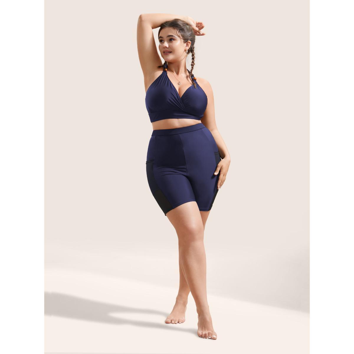 Plus Size Plain Mesh Patchwork Patched Pocket Swim Bottoms Women's Swimwear Indigo Beach See through High stretch Skinny High Rise Slanted pocket Curve Swim Bottoms BloomChic 10/M Product Image