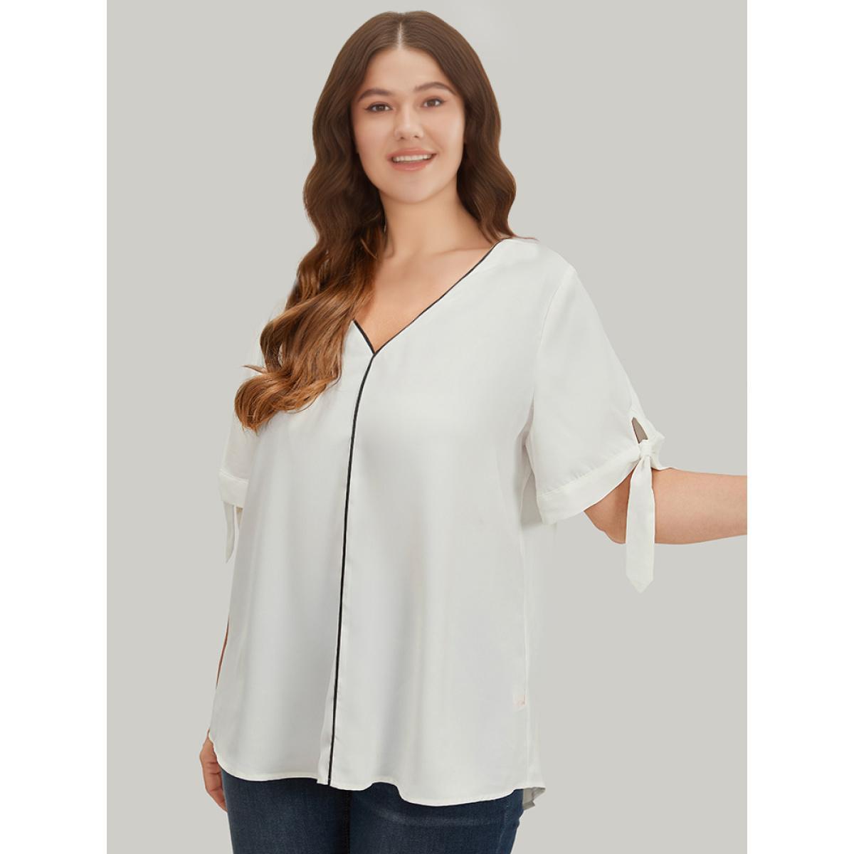Plus Size Ivory Contrast Trim Knot High Low Hem Blouse Women Office Short sleeve V-neck Work Blouses BloomChic 22-24/3X Product Image