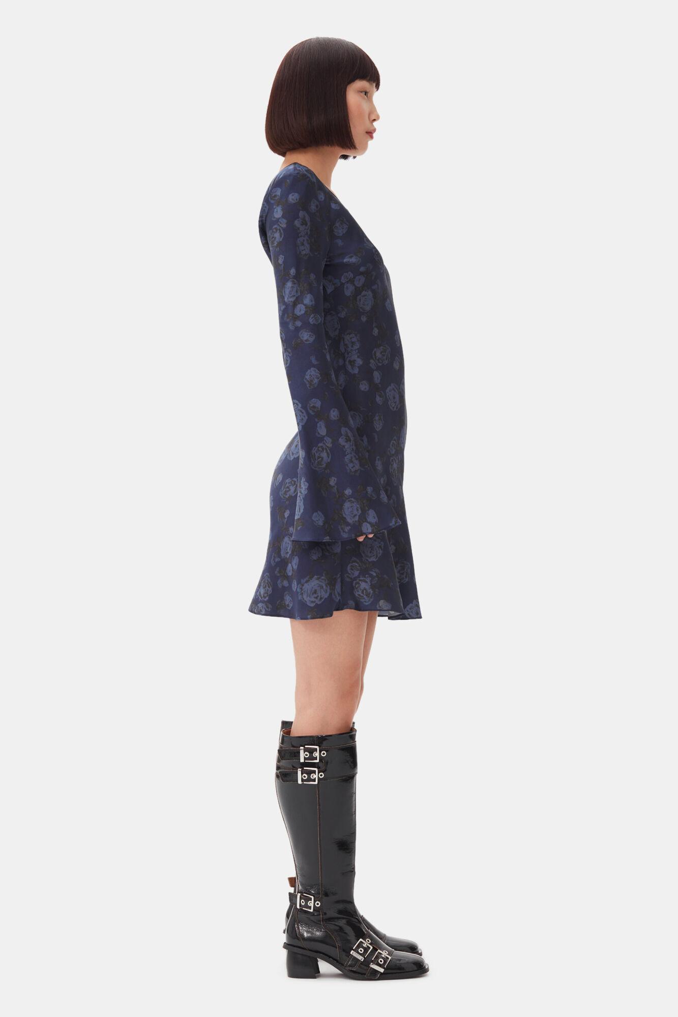 Dark Blue Floral Printed Mini Dress Product Image
