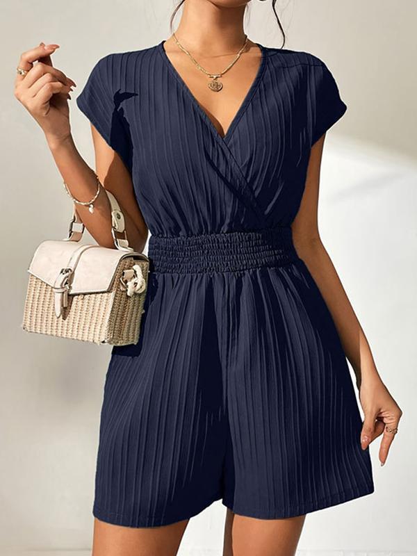 Loose Raglan Sleeve Elasticity Pleated Solid Color Split-Joint V-Neck Rompers Product Image