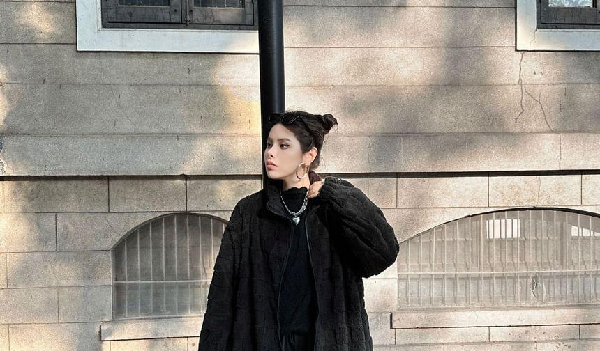 Stand Collar Plain Fleece Midi Zip Coat Product Image