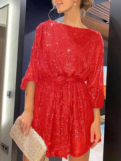 Sequin Tie Waist Long Sleeve Mini Dress Product Image