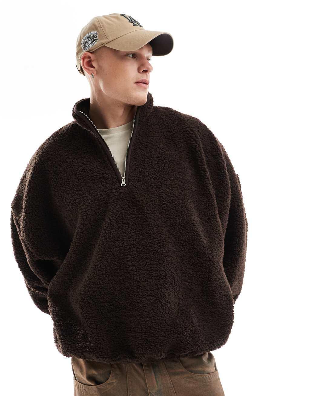 ASOS DESIGN extreme oversized borg sweatshirt with funnel neck in brown Product Image