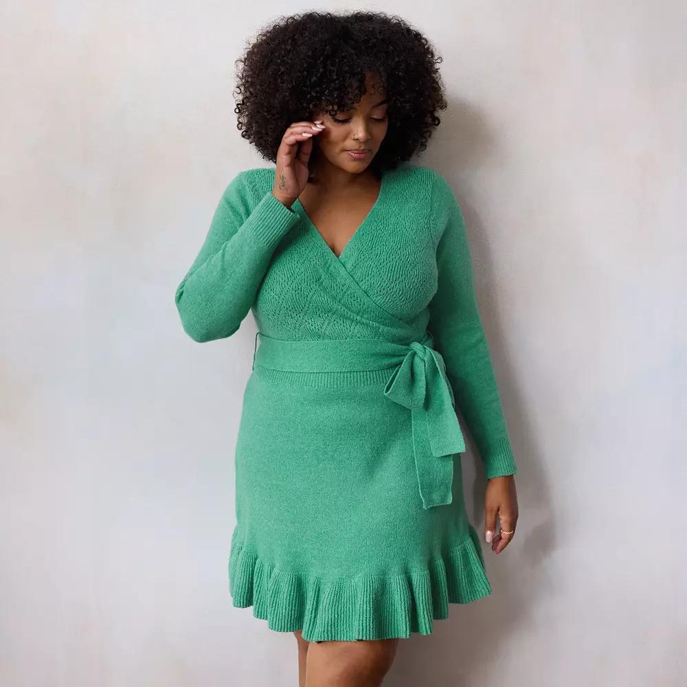 Plus Size LC Lauren Conrad Faux Wrap Pointelle Sweater Dress, Womens Product Image