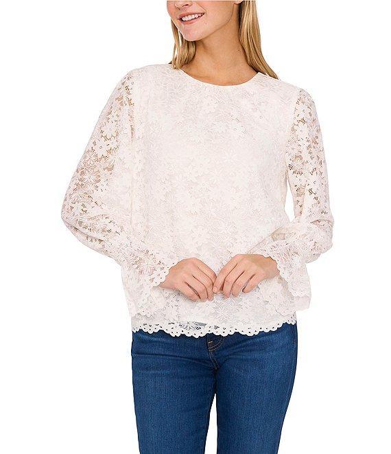 CeCe Lace Crew Neck Long Sleeve Smocked Cuff Blouse Product Image