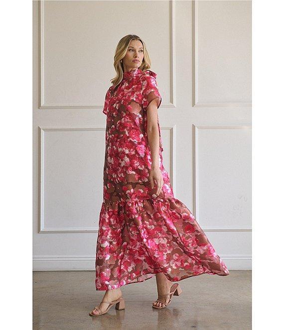 Sugarlips Mersin Sheer Floral Jacquard Organa Mock Neck Short Sleeves Tiered Hem Shift Maxi Dress Product Image