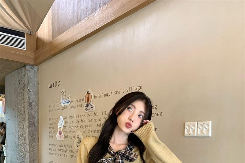 Mock Two-Piece Long-Sleeve Tie-Neck Plaid Panel Button Knit Top / Mid Waist Wide Leg Pants Product Image